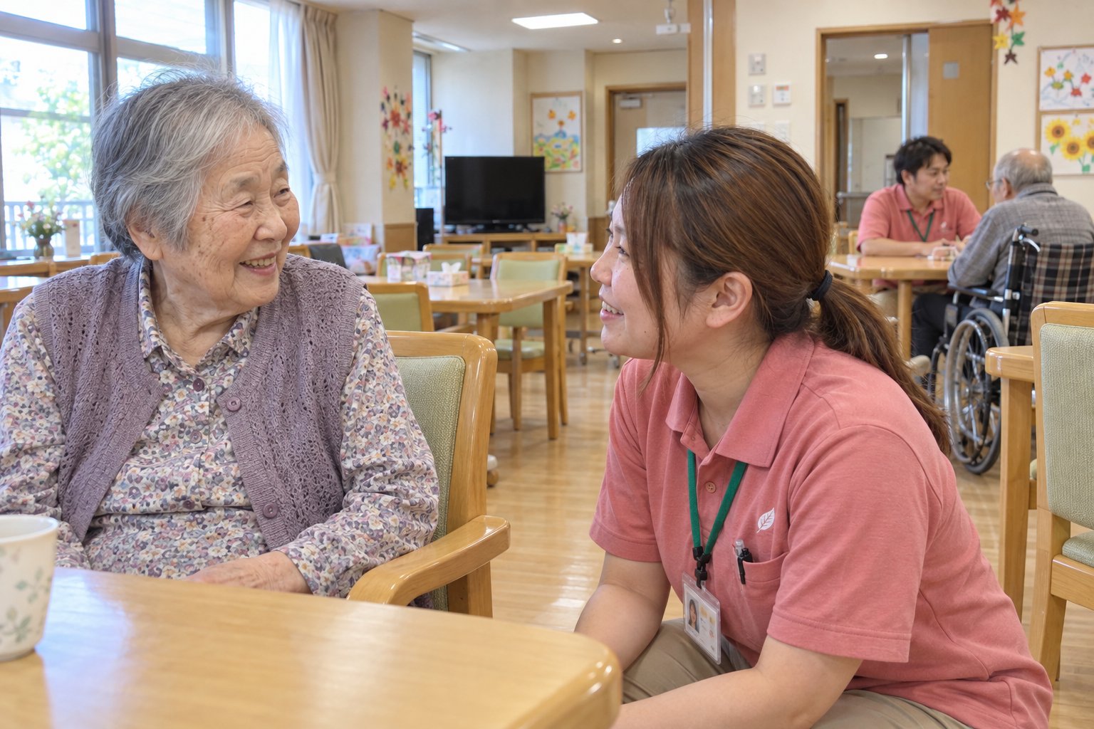 食堂で、職員がいすに座るご入居者と話している