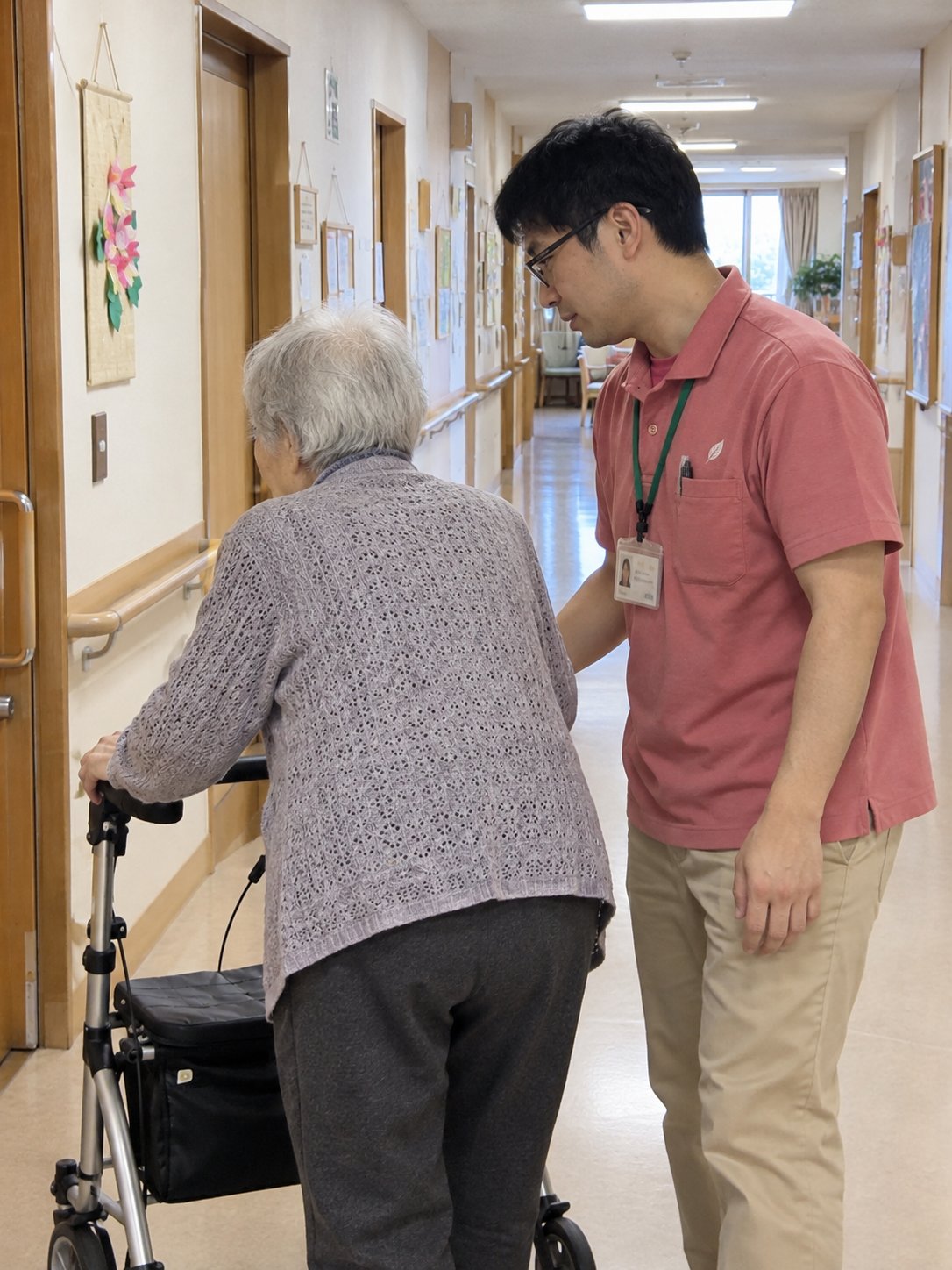 廊下で、職員が歩行器で歩くご入居者に付き添っている