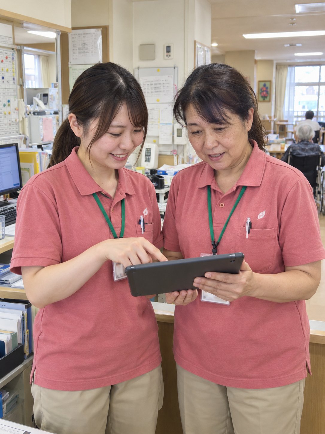 詰所の前で、職員2人がタブレットを見ながら話している
